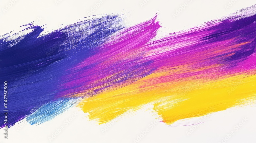 Neon purple, yellow, and cyan brush strokes merge into a beautiful gradient, creating a colorful and modern artwork set against white.