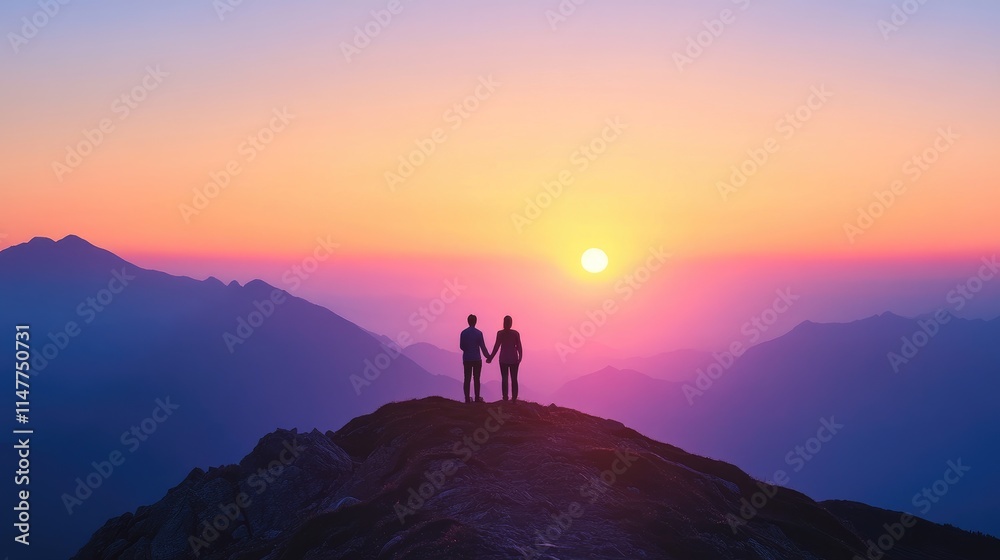 Obraz premium On a peaceful mountaintop at sunrise, two people hold hands, gazing at the horizon, embracing the hope of new beginnings and growth.