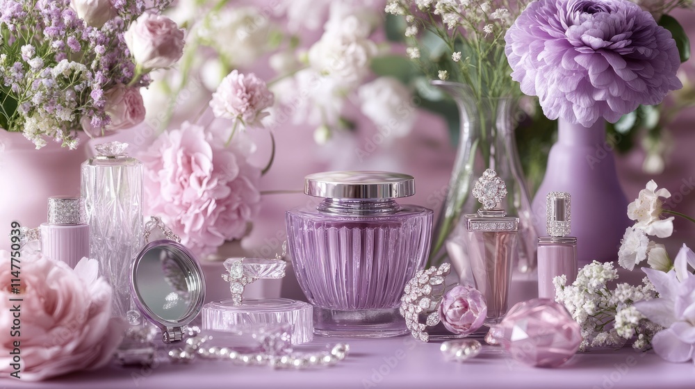 Obraz premium Shiny cosmetics and sparkling jewelry showcased with elegant flowers, placed on soft pastel purple displays, exuding opulence and sophistication.