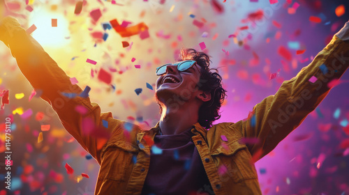 A person wearing sunglasses embraces the festive atmosphere, smiling and raising arms while colorful confetti falls around during a lively outdoor celebration.