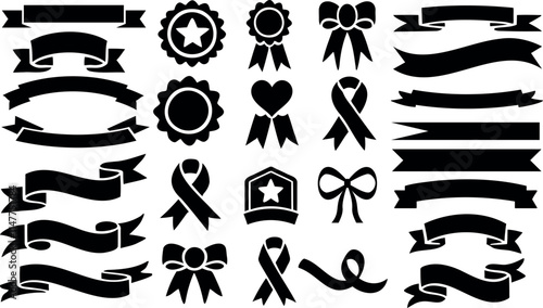 Ribbon badge vector set, bow and award icon silhouette. Perfect for badge, ribbon designs, banners, promotions, and labels. Includes rosettes, awareness ribbons, and vintage scroll elements