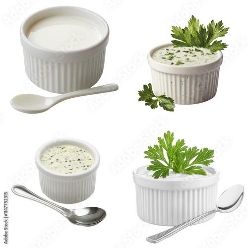 Dipping ranch dressing in a ramekin transparent background culinary delights