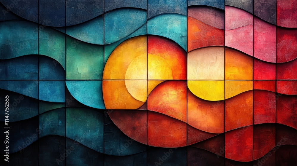 Fototapeta premium Abstract art, colorful waves, textured tiles.