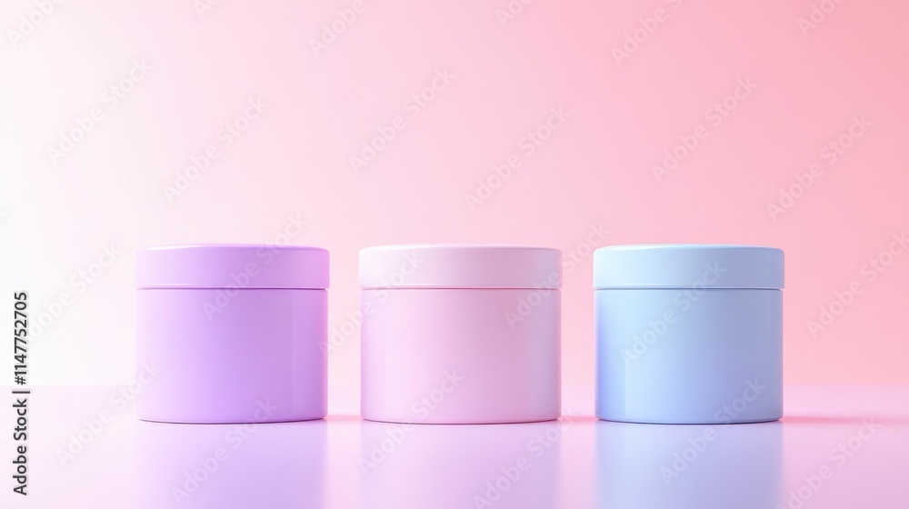 Three colorful cream jars in pink, lavender, and blue, delicately placed against a soothing pastel gradient background, exuding a premium feel. Three colorful cream jars in pink, lavender, and blue, delicately placed against a soothing pastel gradient background, exuding a premium feel.