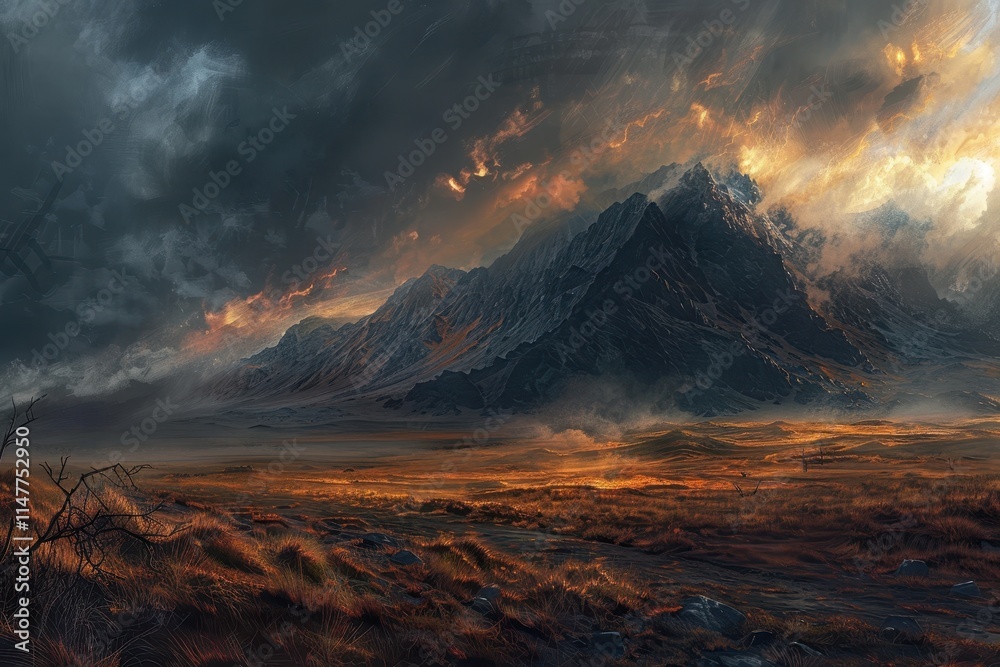 Fototapeta premium A Majestic Mountain Range with a Dramatic Golden Sky