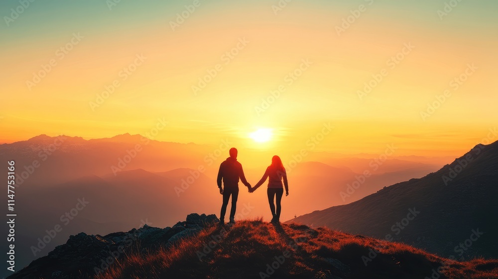 Two individuals holding hands on a mountaintop at sunrise, gazing towards the horizon, symbolizing a fresh start and the journey of personal growth. Two individuals holding hands on a mountaintop at sunrise, gazing towards the horizon, symbolizing a fresh start and the journey of personal growth.