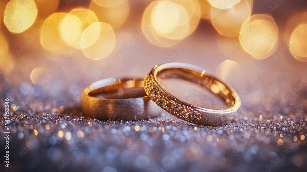 Two intertwined wedding rings resting delicately on a soft surface, surrounded by warm bokeh light effects, creating a romantic, intimate atmosphere.
