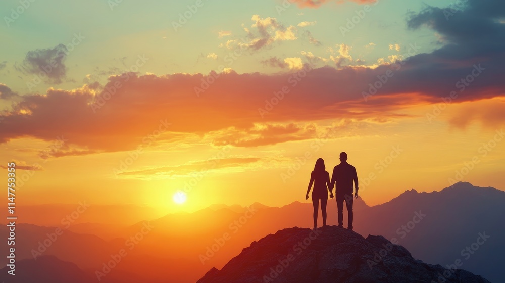 Two people standing hand in hand on a mountaintop at sunrise, watching the sky change, representing the start of a new journey and personal growth. Two people standing hand in hand on a mountaintop at sunrise, watching the sky change, representing the start of a new journey and personal growth.