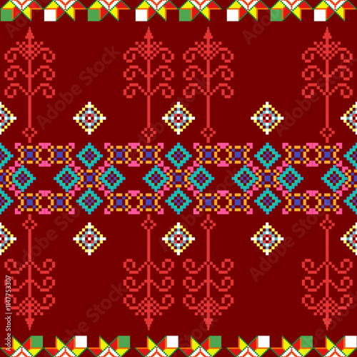  Traditional Thai cloth pattern clothing Thai ethnic sarong Cross-stitch pattern in Pixel Seamless Vector format using geometric shapes arranged into various shapes such as flowers, stars