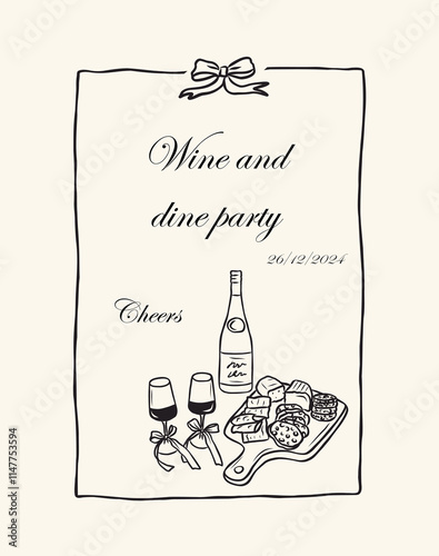 Hand drawn doodle wine party card
