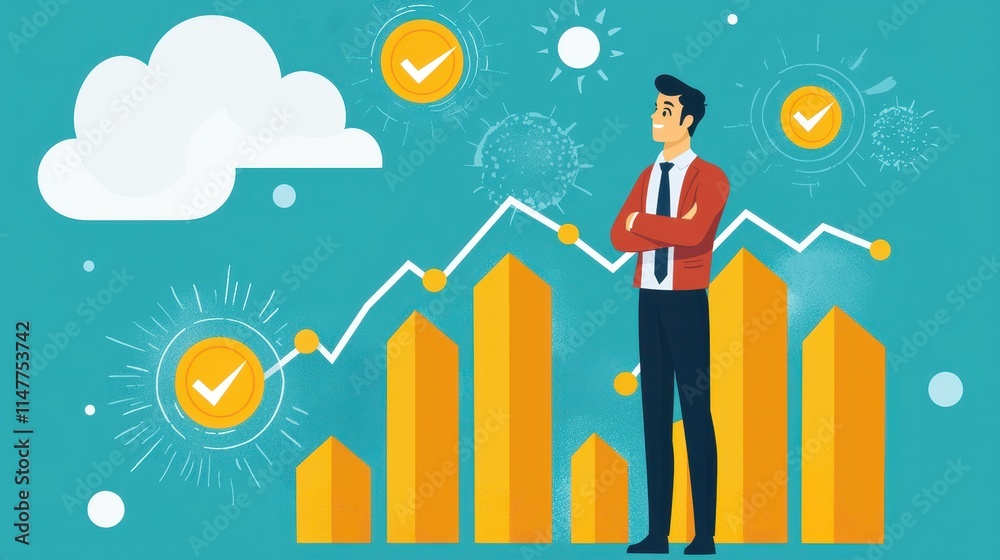 Professional Man Presenting Goals and Setting Focus with Chart Graphics in Bright Background Professional Man Presenting Goals and Setting Focus with Chart Graphics in Bright Background