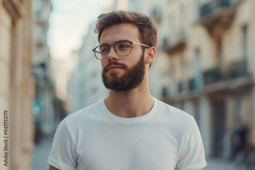Stylish man in white shirt and glasses on street. Stylish man in white shirt and glasses on street.