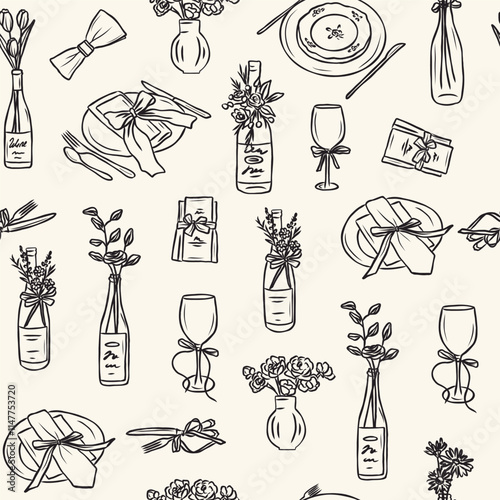 Hand drawn wine party tableware seamless pattern