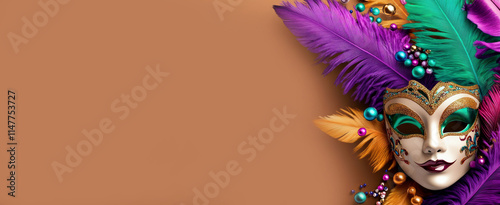 carnival mask with feathers on background of color of the year 2025 Mocha Mayss