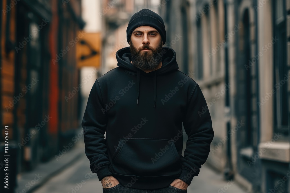 Hipster man in black hoodie and hat mockup portrait. Hipster man in black hoodie and hat mockup portrait.
