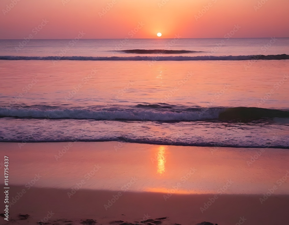 Obraz premium Romantic Sunset Over Ocean with Silhouetted Beach Scene , Tranquil and Serene for Love-Themed Designs