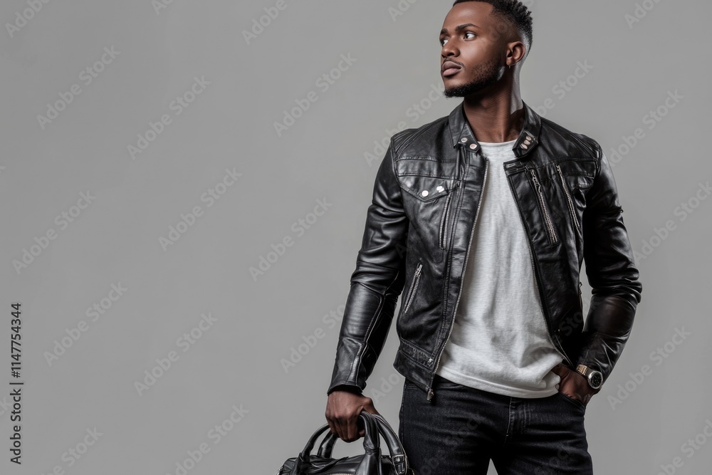 Obraz premium Fashion african man wearing black biker leather jacket holds bag looking away over gray background
