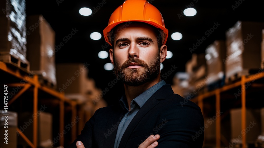 A professional warehouse manager in an orange hard hat and formal attire, standing confidently in a dimly lit warehouse with shelves full of goods in the background A professional warehouse manager in an orange hard hat and formal attire, standing confidently in a dimly lit warehouse with shelves full of goods in the background