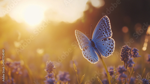Butterfly resting on a flower in sunlight during golden hour in a meadow. 