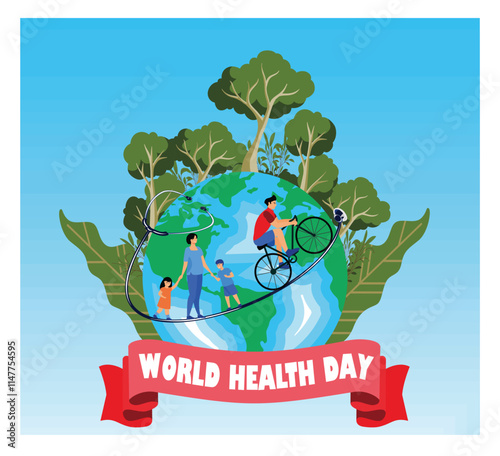 World Health Day Concept with Earth, Family, and Nature Elements.