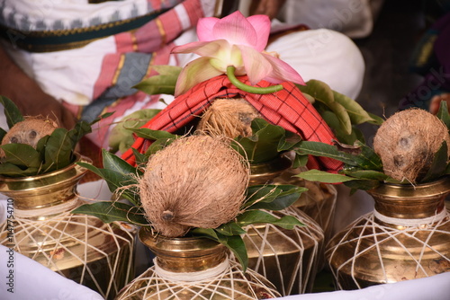 array of kumbums or sacred kudams of holy water kept in puja in sashtiyapthapurthi or sadhabishekam photo