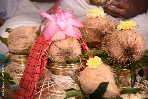 array of kumbums or sacred kudams of holy water kept in puja in sashtiyapthapurthi or sadhabishekam photo