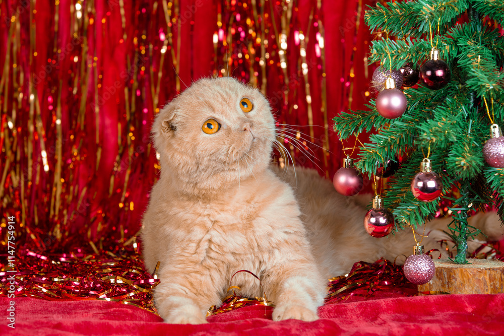 A cute red Scottish Fold cat lies near a decorated Christmas tree on a red blanket