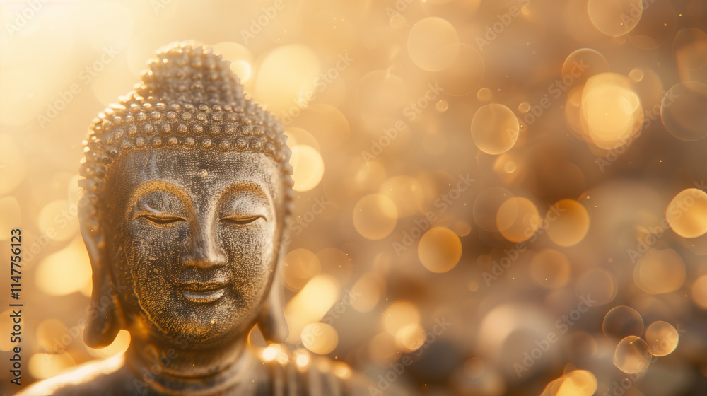Close-up of a serene Buddha statue illuminated by golden sunlight Close-up of a serene Buddha statue illuminated by golden sunlight