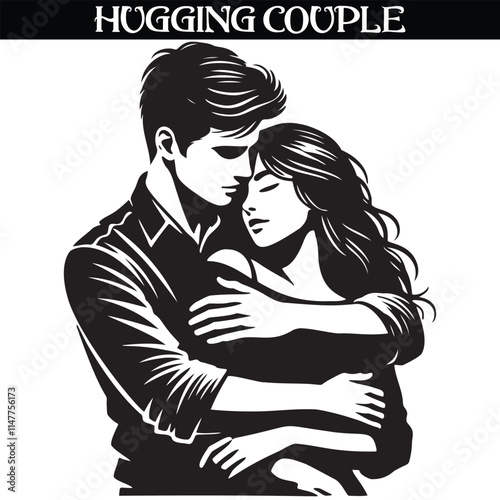 Hugging Couple Silhouette of Romantic Couple in Black and White