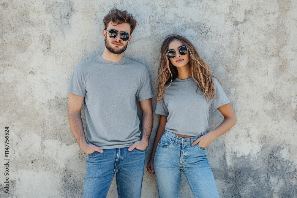 custom made wallpaper toronto digitalHipster couple in urban fashion with blank t shirts.