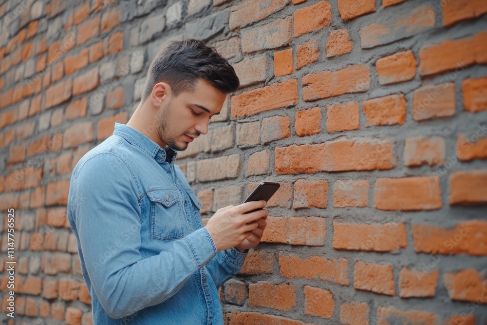 Man in casual wear texting on phone by brick wall. Man in casual wear texting on phone by brick wall.
