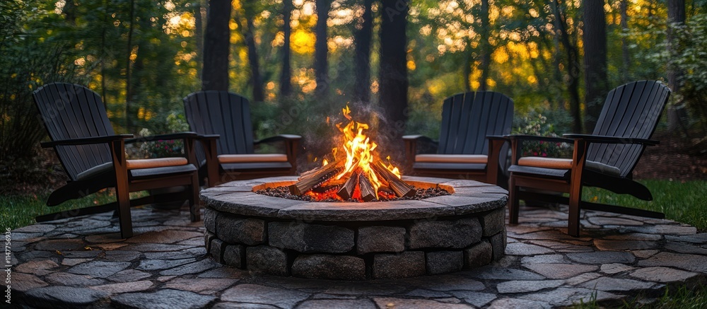 Backyard fire pit with seating at sunset. (1) Backyard fire pit with seating at sunset. (1)