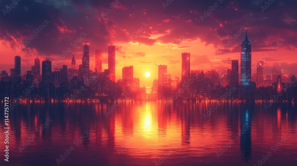 City skyline reflected in fiery sunset water. City skyline reflected in fiery sunset water.