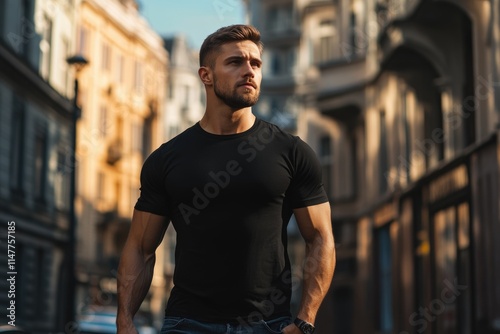 Wallpaper Mural Muscular man in black tshirt walking in urban setting. Torontodigital.ca