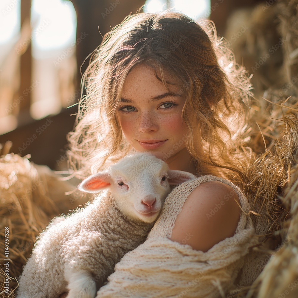 Farmer Gently Holding a Newborn Lamb in a Sunlit Barn Farmer Gently Holding a Newborn Lamb in a Sunlit Barn