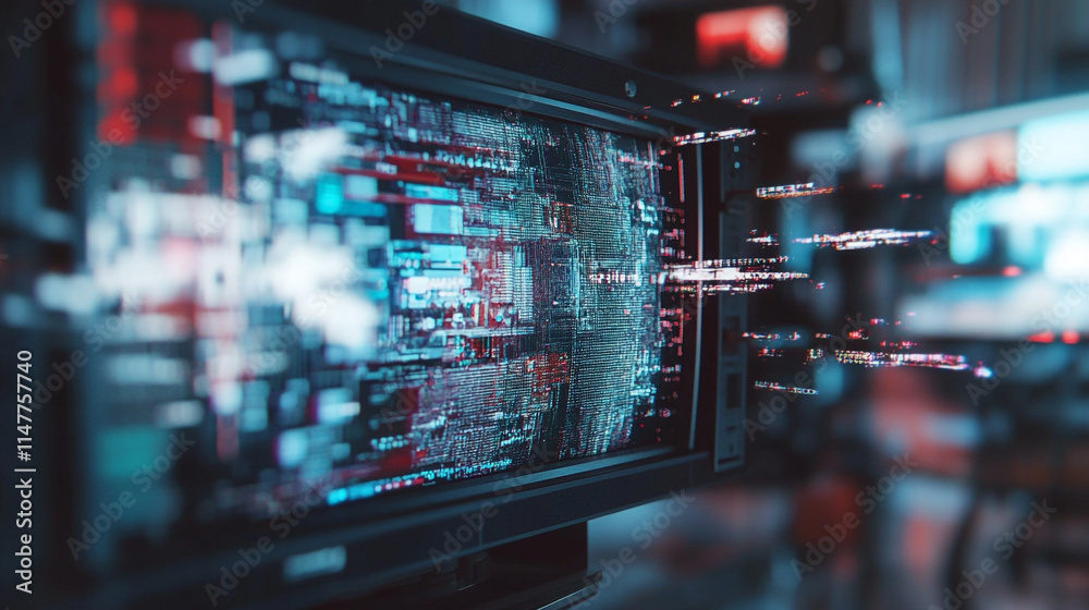 Dynamic digital data flow on a modern monitor in a busy tech environment. Dynamic digital data flow on a modern monitor in a busy tech environment.