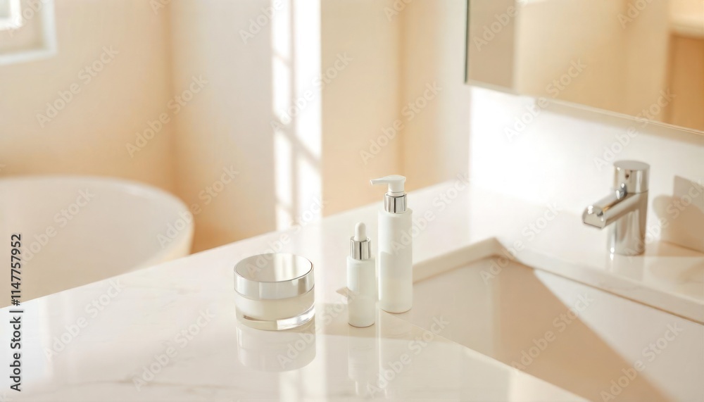 Fototapeta premium Elegant skincare products on a marble countertop with soft natural light, copy space