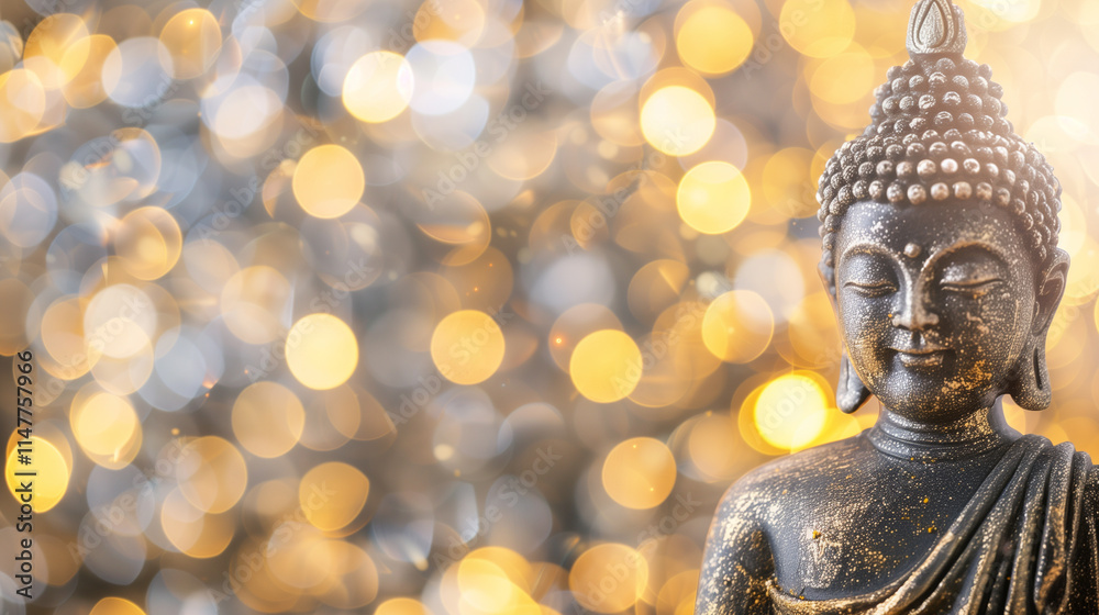 Close-up of a serene Buddha statue illuminated by golden sunlight Close-up of a serene Buddha statue illuminated by golden sunlight
