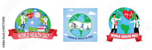 Doctor checks health. Doctors Promoting Global Health Awareness.  Activities Promoting Exercise and Wellness. Set flat vector modern illustration