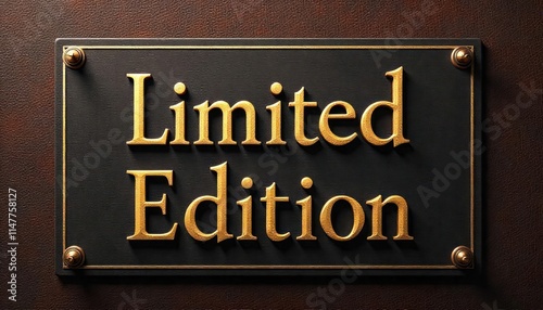 Limited Edition brass plaque with gold lettering on a dark leather background, copy space