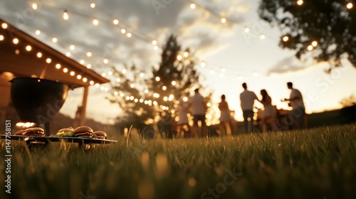 Outdoor gathering at sunset with food and lights.