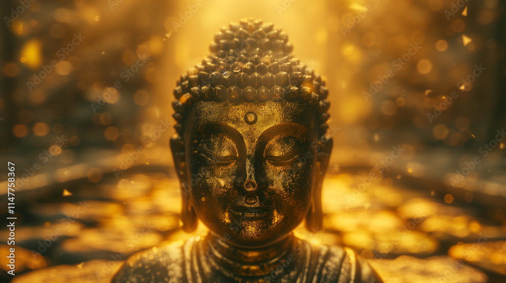 Close-up of a serene Buddha statue illuminated by golden sunlight Close-up of a serene Buddha statue illuminated by golden sunlight