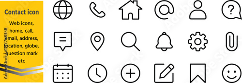 Contact icons. Web icons, home, call, email, address, location, globe, question mark, telephone, website, icon . Communication contact information icon. editable stroke 
