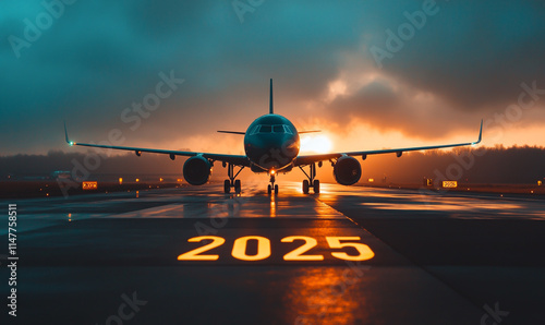 An airplane on the runway is displayed in front of '2025' photo