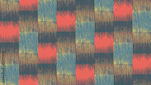 Crafted hand drawn geometric brush line abstract pattern, Japanese and ethnic inspired tribal wood carving, engraving, weaving tie dye textured background, minimal folk checker for textile, carpet