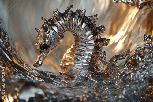 Sculptural Sea Horse in Liquid Metal, Abstract Art photo