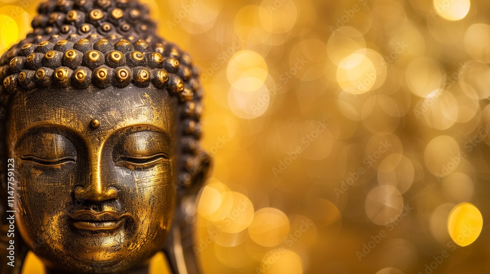 Close-up of a serene Buddha statue illuminated by golden sunlight