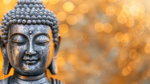 Close-up of a serene Buddha statue illuminated by golden sunlight