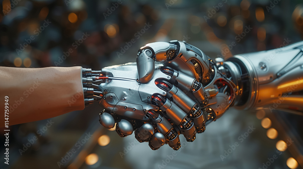 Close-Up of Two Robots in Business Handshake Close-Up of Two Robots in Business Handshake