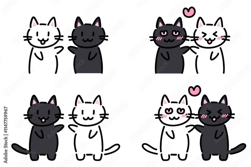 Naklejka premium 白猫と黒猫のペアのイラストセット